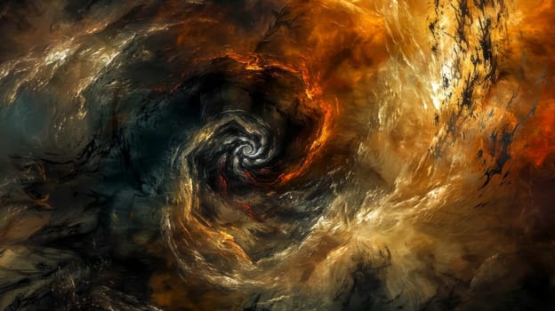 Abstract digital illustration of a fiery swirl of energy forming in the center of a colorful and chaotic galaxy. Perfect for projects related to space, energy, and the cosmos