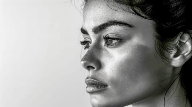 Black and white beauty portrait of a young caucasian woman with freckles, showcasing a natural makeup look and wet hair style