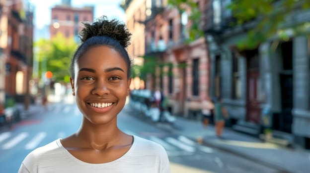 Young black woman is smiling on a sunny city street. She is wearing a white t-shirt and has a happy expression on her face