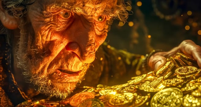 Old fantasy king with wrinkles and a beard, guarding his treasure of gold coins, with a worried expression on his face