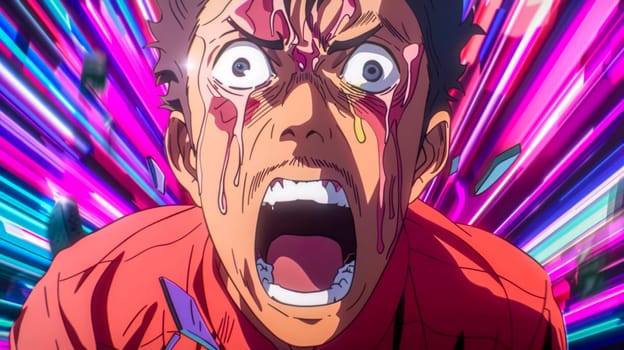 Man screaming in fear with a colorful abstract background, enhancing the sense of panic and shock. Vibrant and psychedelic, perfect for conveying danger and surprise