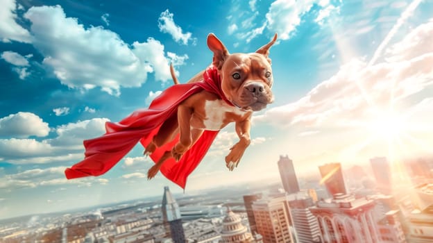 Dog flies heroically in a red cape over a city, embodying power and cuteness