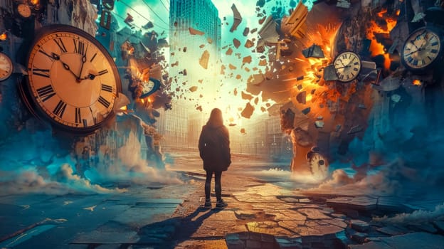 Lone woman stands in a desolate cityscape, observing the remnants of a surreal explosion of clocks, symbolizing the passage of time