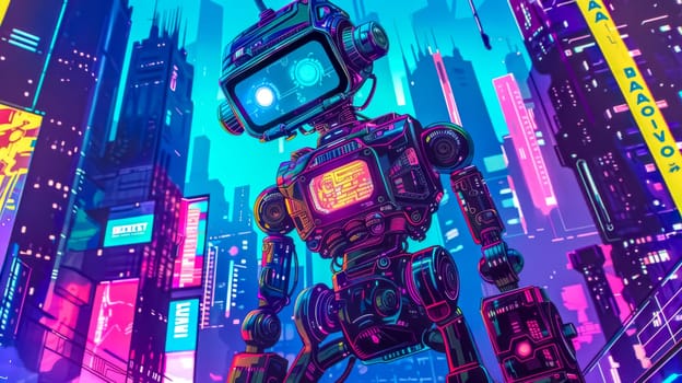 Captivating illustration of a robot navigating a futuristic cityscape illuminated by vibrant neon lights, showcasing the fusion of technology and urban life