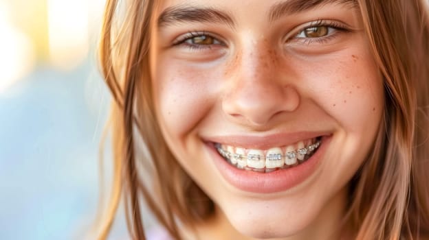 Happy teenage girl with dental braces smiling brightly, showcasing her commitment to oral health and hygiene