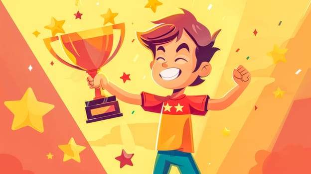 Young boy beaming with joy and excitement, proudly raising a large trophy above his head in celebration of his victory, surrounded by colorful confetti