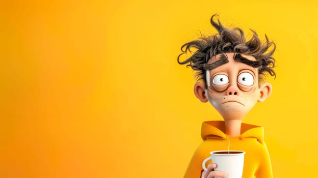 Tired cartoon man holding a cup of coffee, looking weary and exhausted against a bright yellow background, captures the struggle of feeling sleep deprived and grumpy