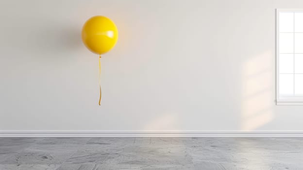 Single yellow balloon with a gold ribbon floating in a minimal white room with sunlight shining through a window, creating a serene and peaceful atmosphere