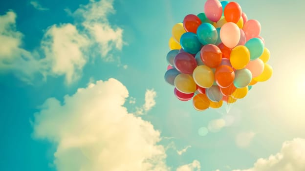 Large bunch of colorful balloons is floating in a blue sky with white clouds and sun shining, giving a feeling of joy and happiness
