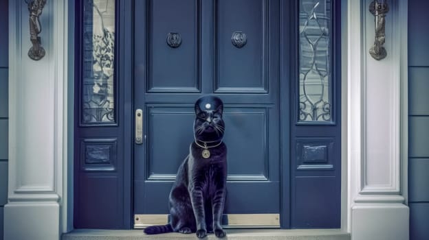 Black cat in a police hat sits on a step by a blue door, adding humor and charm to the scene as a playful guard
