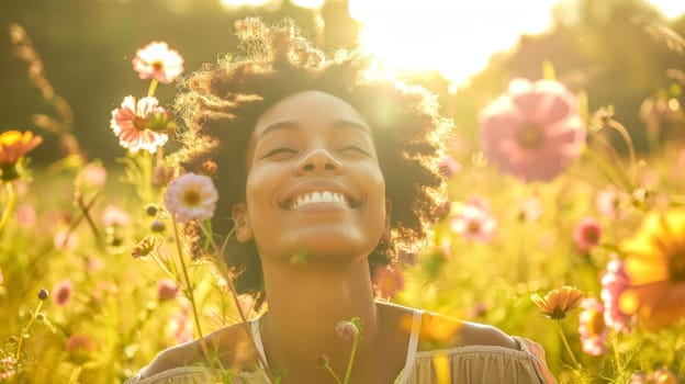 Young woman with a bright smile is surrounded by colorful flowers in a sunny field. She is closing her eyes and enjoying the warmth of the sun