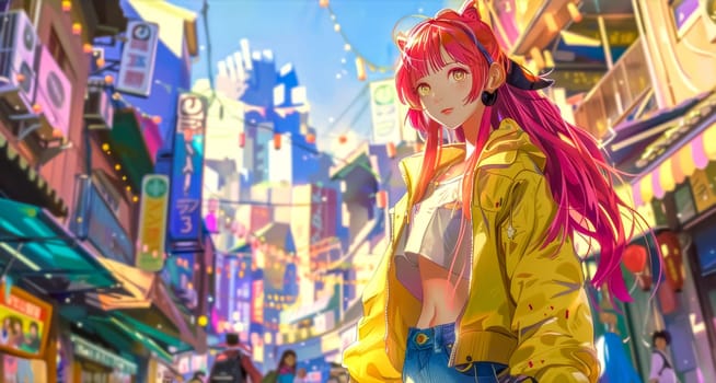 Anime girl with pink hair and a yellow jacket is standing in a busy street in an asian city. The street is full of people and colorful signs