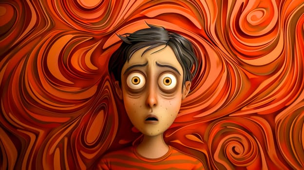 3d illustration of a teenager experiencing anxiety, overwhelmed by a sense of confinement symbolized by the swirling red background