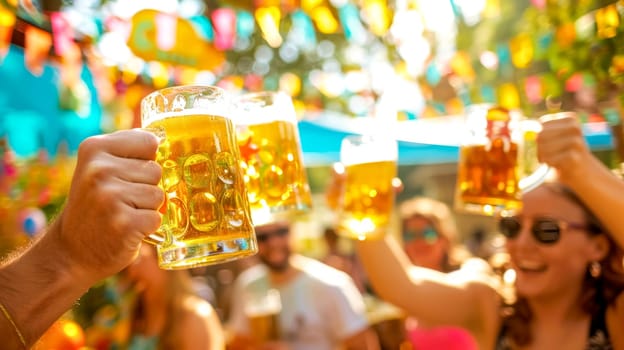 People enjoying a cold beer on a hot summer day, having fun with friends at a crowded outdoor festival with colorful flags