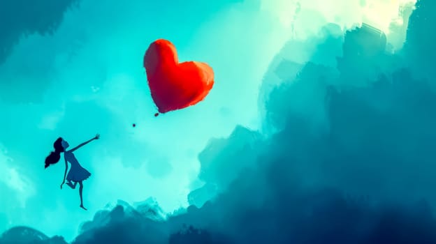 Concept of lost love and heartbreak represented by a young woman trying to catch a giant red heart floating away in a blue cloudy sky