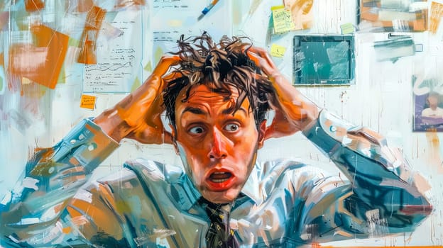 Office worker is grabbing his hair and panicking in front of a wall covered with documents, post-it notes and a monitor