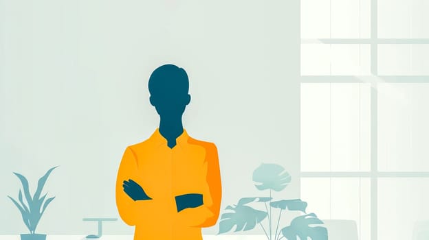 Confident businessman standing in modern office, arms crossed, exuding authority and determination. Bright light illuminates room, highlighting professional demeanor. Plant adds touch of nature