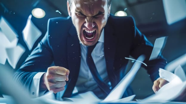 Businessman is experiencing extreme frustration and anger, yelling and hitting his desk with his fists as papers fly through the air