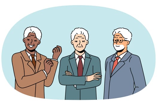 Multiethnic senior businesspeople in formal wear smiling and looking confidently at screen. Multiracial businesspeople founders of corporation or members of board of directors in investment company