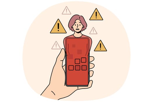 Red phone infected with virus in hand and panicking woman symbolize internet bullying and cyber attacks. Girl became victim of hackers and scammers hacked into phone or stole personal passwords