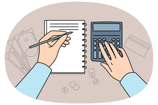 Hands of accountant using calculator for auditing and making entries in financial journal, located at table with money. Accounting services for preparation of financial analysis for business clients
