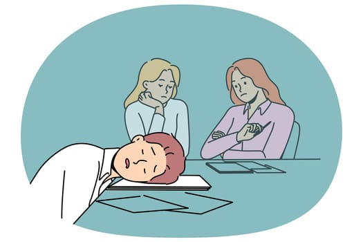 Lazy man sleeps on business meeting due to lack of ambition and motivation to work productively. Lazy guy and colleagues are sitting at table with documents in conference room waiting for boss to come