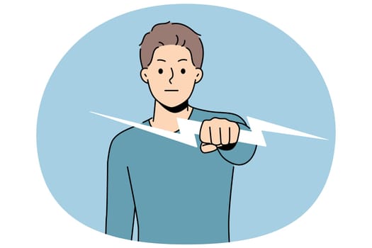 Strong man holding lightning bolt symbolizes energy and determination to solve problems and fight against troubles. Strong courageous guy with symbol of thunderstorm or rainy weather