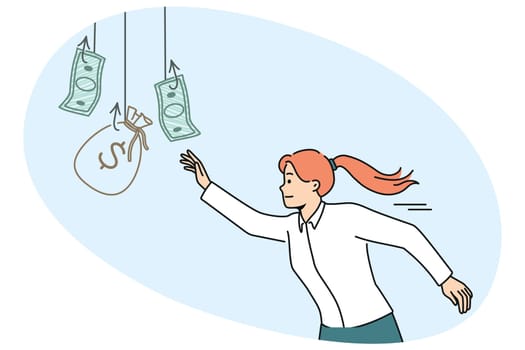 Woman is chasing money hanging on hook, wanting easy money and risking falling into trap. Concept of economic scam and promise of easy profit to involve people in financial pyramid
