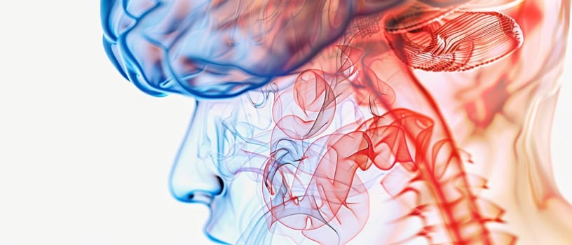 A digital rendering of a human brain and spine, the brain is shown in a translucent blue color while the spine is shown in a translucent red color. The rendering shows the connection between the brain and the spine, highlighting the central nervous system.