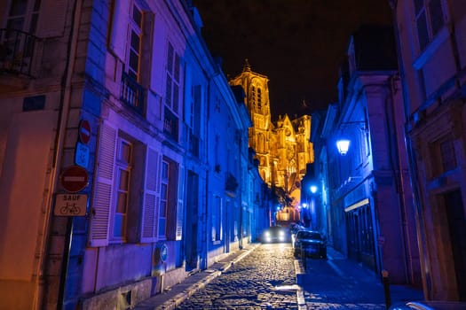 Bourges, France - August 29 2019: The old town center of Bourges and the cathedral during lights nights, Bourges, Centre-Val de Loire, France