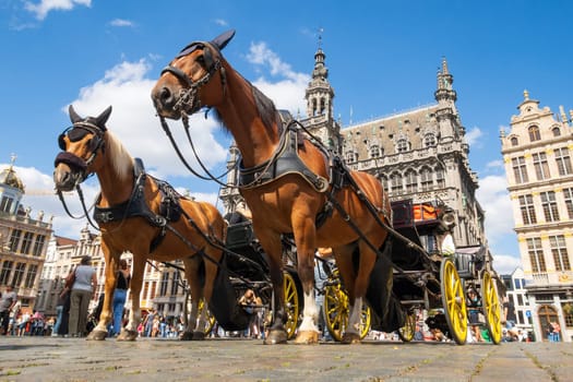 Brussels, Belgium - August 20 2022: Carriage, horses and tourists on the Grand-Place of Brussels. Photography taken in Belgium