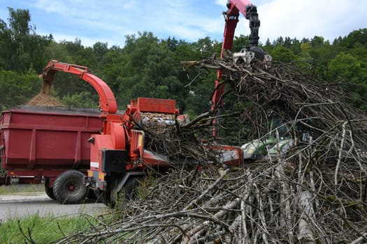 A wood chipper chops up branches in the forest. The chopped wood is used as silage in animal feed or biogas plants. A gripper arm places the remaining wood on the conveyor belt
