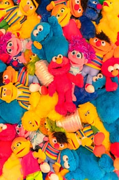 tokyo, ikebukuro - apr 16 2024: Assortment of Sesame Street plush toys including characters such as Elmo, Bert, Ernie, Big Bird, Cookie Monster, Grover, Abby Cadabby, Oscar the Grouch, Zoe and Rosita.