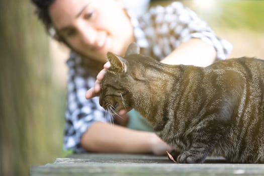 cheerful young woman with curly hair and a checkered shirt leans forward to pet a tabby cat. Her smile and the cat's blurred outline create a lively, engaging scene