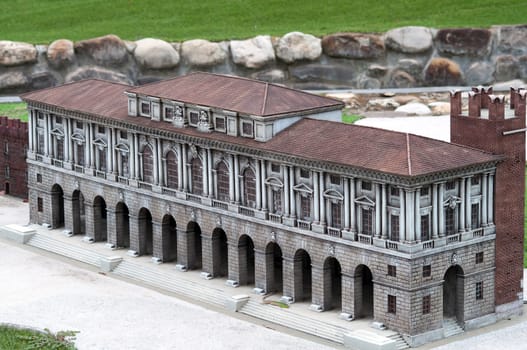 Viserba, Italy - June 25, 2024: City Hall at Verona at Theme park Italy in Miniature or Italia in Miniatura in Rimini, Italy - Reproduction of famous attractions in a small scale
