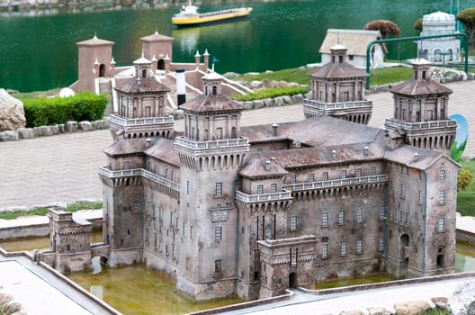 Viserba, Italy - June 25, 2024: Castello estense di Ferrara at Theme park Italy in Miniature or Italia in Miniatura in Rimini, Italy - Reproduction of famous attractions in a small scale