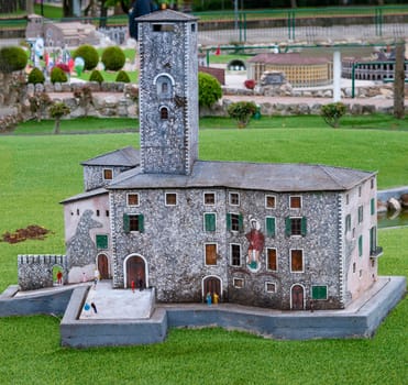 Viserba, Italy - June 25, 2024: Castello Ginami in Gromo at Theme park Italy in Miniature or Italia in Miniatura in Rimini, Italy - Reproduction of famous attractions in a small scale