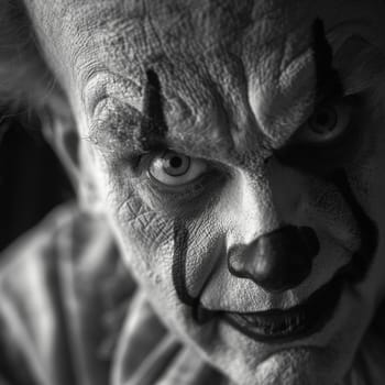 A haunting portrait of a scary clown, featuring exaggerated features and a menacing expression that evokes a chilling atmosphere. This image captures the essence of fear and whimsy in a strikingly unsettling way.