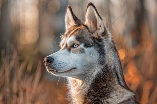 Siberian Husky dog portrait with blue eyes and gray coat color, cute sled dog breed. Friendly husky dog portrait outdoor forest background. AI generated