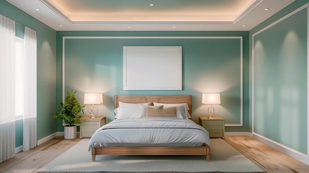 Double bed in the modern interior room. AI generated