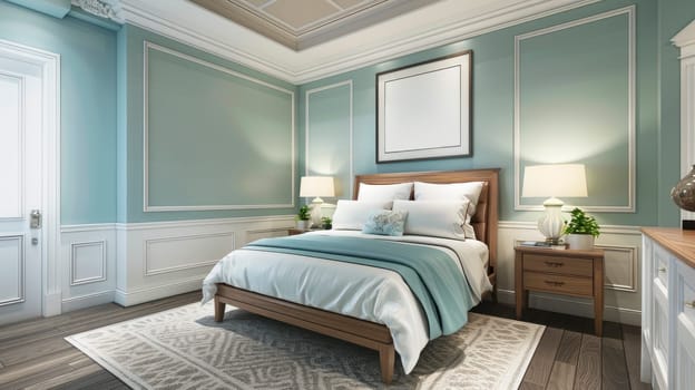 Stylish bedroom interior with large comfortable bed and blank picture frame. AI generated