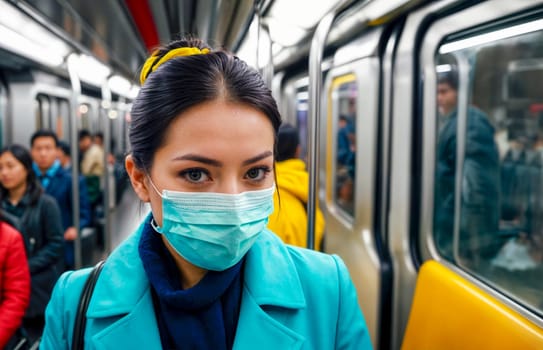 A young woman wearing a mask and a blue coat stands in a crowded subway train. The background shows other passengers, emphasizing the urban environment.