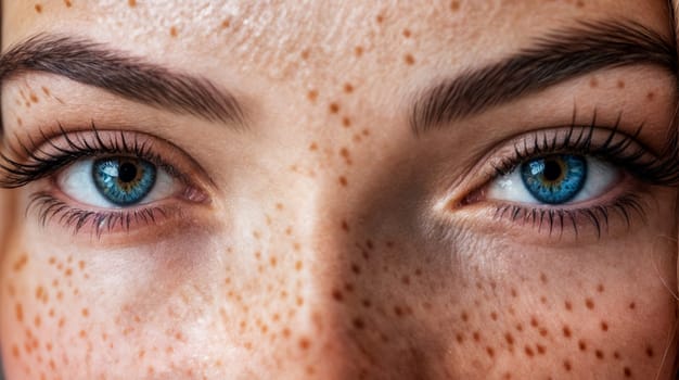 A close-up image showing the blue eyes and freckles of a young woman. The detail highlights the texture of her skin and the vibrant color of her eyes