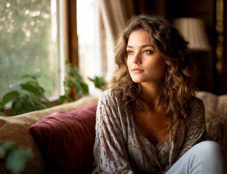 A young woman with curly hair sits by the window, looking thoughtful. The indoor setting is cozy, with natural light streaming in and plants visible in the background.