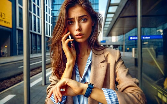A young woman with long hair stands in an urban setting, looking concerned as she checks her watch and talks on her phone. The modern cityscape in the background highlights her sense of urgency.