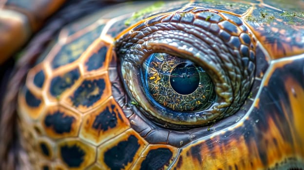 Sea turtle's eye shows colorful patterns and textures on a sunny beach, embodying nature's beauty and the importance of conservation
