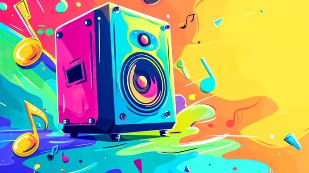 Boombox blasting music on a colorful background with musical notes is perfect for representing music, parties, and fun