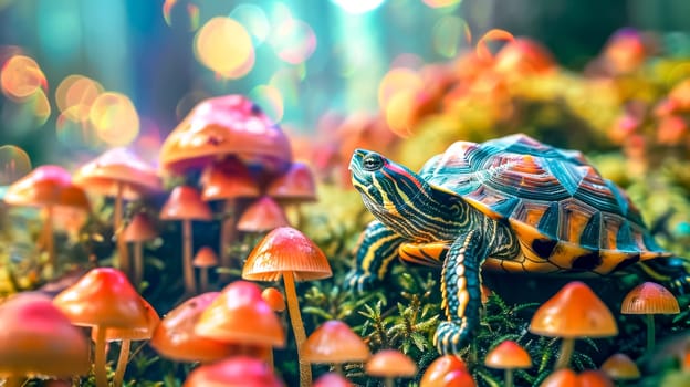 Vibrant, detailed turtle is making its way through a luminous fairy tale forest full of colorful mushrooms and sparkling bokeh