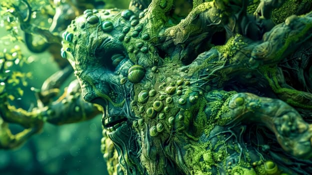 Swamp thing with glowing eyes is emerging from the deep marsh, its body covered in moss and vines. This creature is a protector of nature