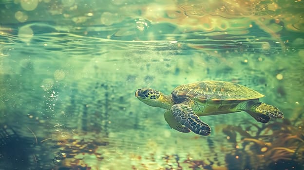 Sea turtle swimming peacefully in clear green water, illuminated by the sunlight from above. Bubbles rise to the surface as the turtle glides through its underwater habitat